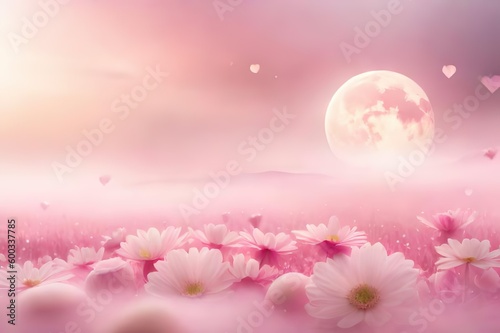 Surreale Landschaft in softfarbenen Rosatönen, rosa Blumen im Vordergrund, großer Vollmond im Hintergrund