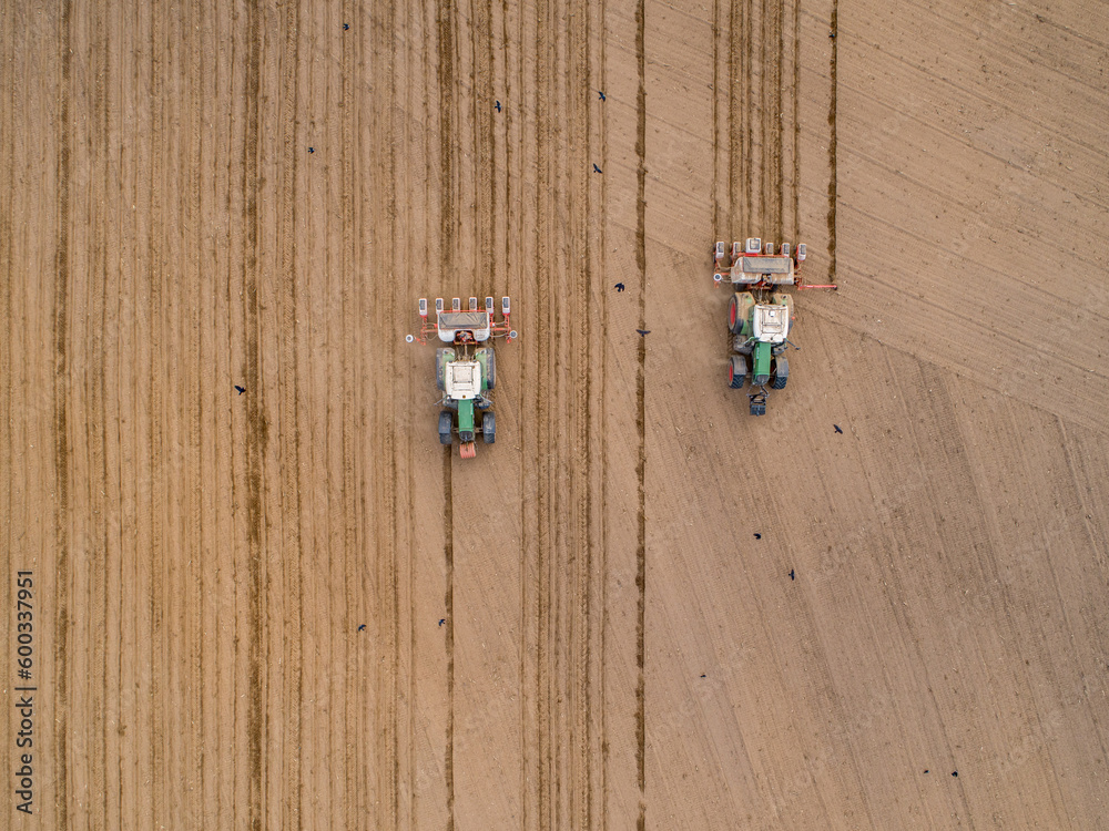 Harvester, tractor plowing land in Poland, preparing for sowing - agriculture drone aerial photo from above