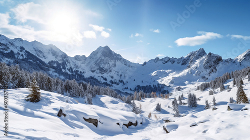 a mountain landscape covered in fresh snow  with a bright blue sky in the background. generative ai.