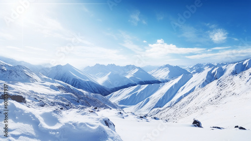 a mountain landscape covered in fresh snow, with a bright blue sky in the background. generative ai. © Strabiliante