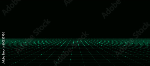 Vector green perspective grid on dark background. Dots connected by lines. Digital cyberspace. Network connection structure. Vector illustration for website.