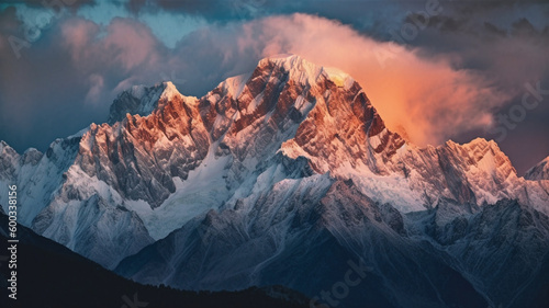 a snow-capped mountain range at dawn, with the peaks illuminated in warm light and the sky transitioning from dark blue to orange. generative ai.