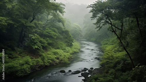 winding river surrounded by lush green trees in the spring, with a misty fog rising from the water. generative ai. © Strabiliante