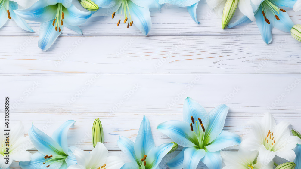 Blue and white lily flowers and leaf Border surrounding on a White Blue ...