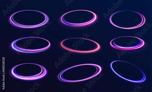 Blue, red-purple, green illuminate frame collection design. Abstract cosmic vibrant color circle border. Top view futuristic style.