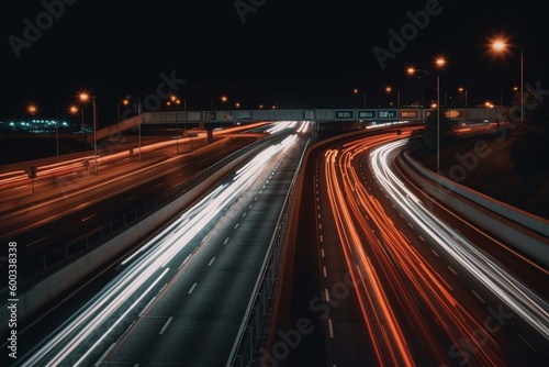 Nighttime highway with blurred car lights. Generative AI © Akio