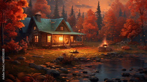 autumn landscape with colorful trees and fallen leaves covering the ground, a cozy cabin nestled in the woods, and a campfire burning brightly. generative ai.