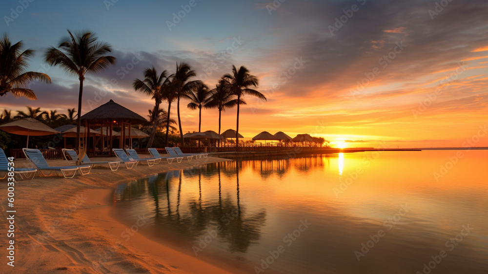 A serene coastal scene at sunrise, with the calm ocean waters reflecting a pastel-colored sky. The sandy beach is dotted with beach umbrellas, and palm trees. generative ai. A serene coastal scene at sunrise, with the calm ocean waters reflecting a pastel-colored sky. The sandy beach is dotted with beach umbrellas, and palm trees. generative ai.