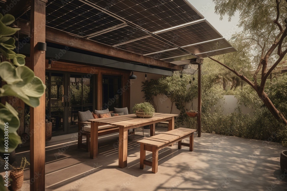 Solar panels on canopy and house roof. Generative AI