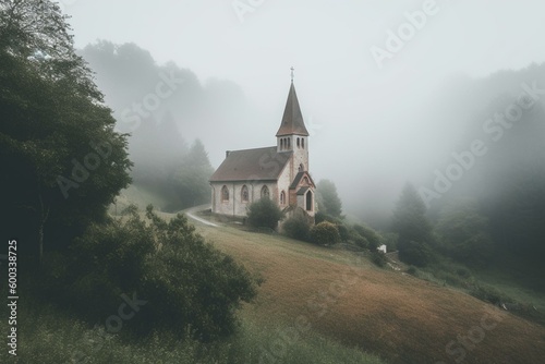A misty church situated under a hill. Generative AI