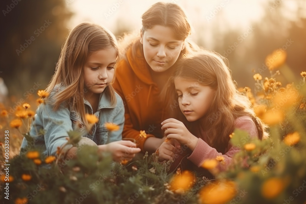 Mother and daughters in the field with flowers