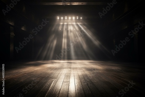 Spotlight beams shine on stage floor in dark room. Ideal for backdrops, backgrounds and mock-ups. Generative AI