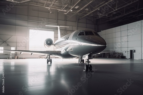 Luxurious private jet parked in hangar after landing. Generative AI
