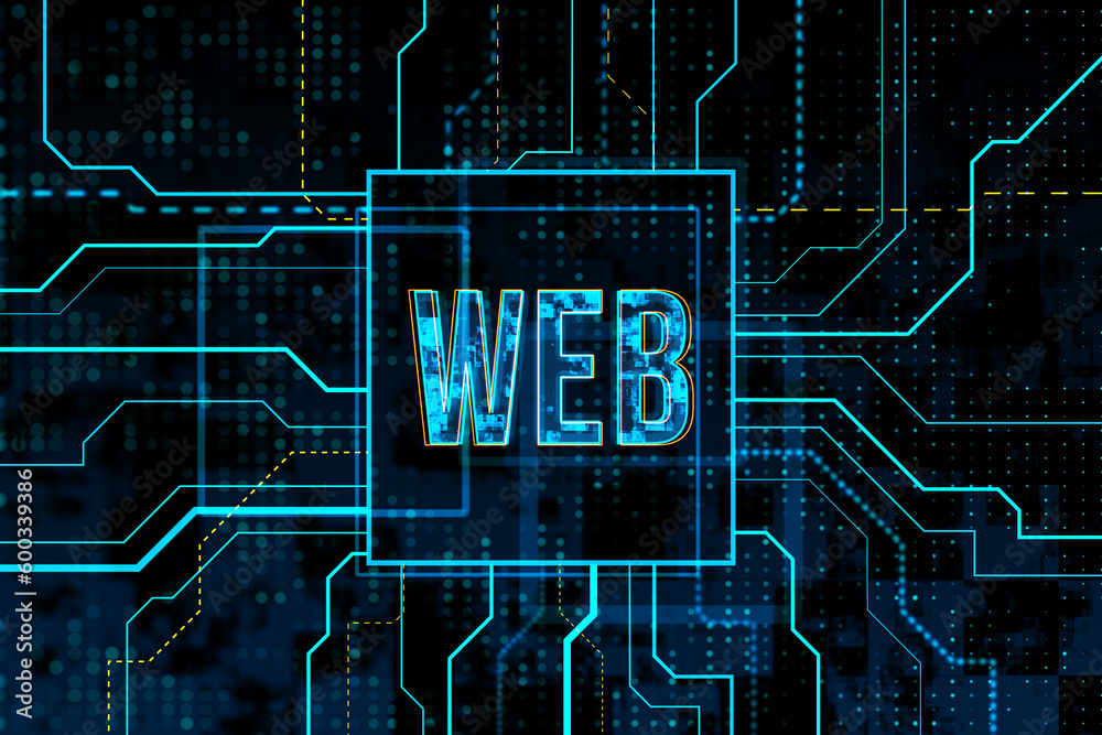 Futuristic internet technologies and virtual communication concept with front view on glowing digital web 3.0 sign on dark background with circuit. 3D rendering Futuristic internet technologies and virtual communication concept with front view on glowing digital web 3.0 sign on dark background with circuit. 3D rendering