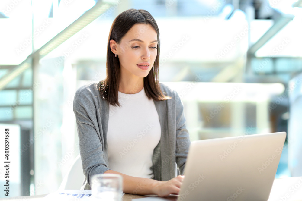 Concentrated young beautiful businesswoman working on laptop in bright modern office Concentrated young beautiful businesswoman working on laptop in bright modern office