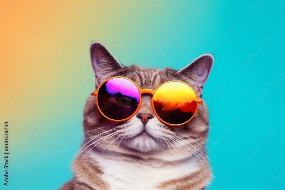 portrait animal fashion funny pet cute cat sunglasses neon colourful. Generative AI. portrait animal fashion funny pet cute cat sunglasses neon colourful. Generative AI.