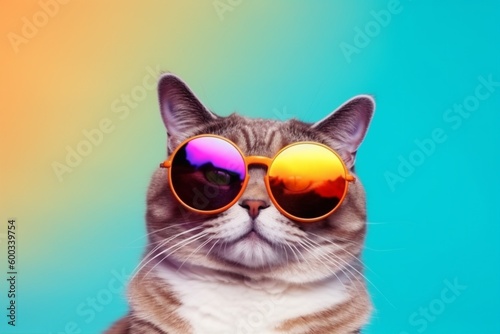 portrait animal fashion funny pet cute cat sunglasses neon colourful. Generative AI.