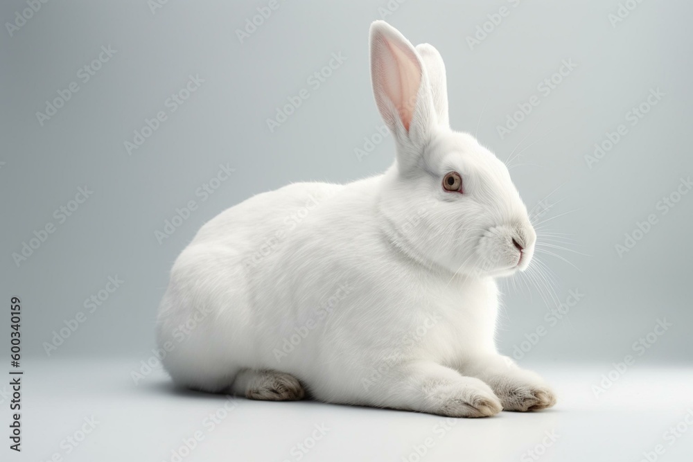 White bunny on white backdrop, full figure with open area, created by AI technology. Generative AI