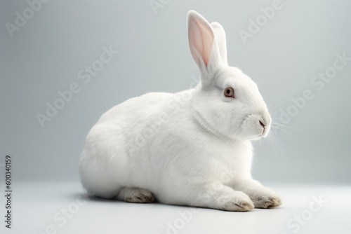 White bunny on white backdrop, full figure with open area, created by AI technology. Generative AI © Kaida