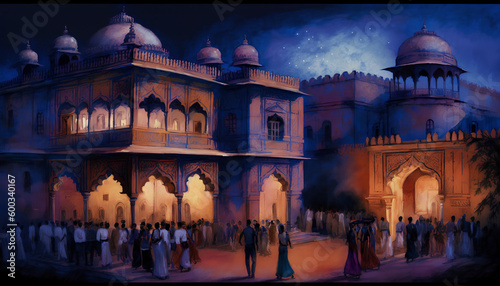 Rajput fort palace as backdrop celebration in the evening dance in blue City photo