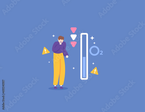 a man who has difficulty breathing due to lack of oxygen. a person has hypoxaemia. difficult and trouble breathing. warning of low oxygen level. illustration concept design. vector elements