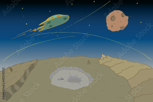 Alien planet landscape. Background with brown ground  mountains  stars  and moon 