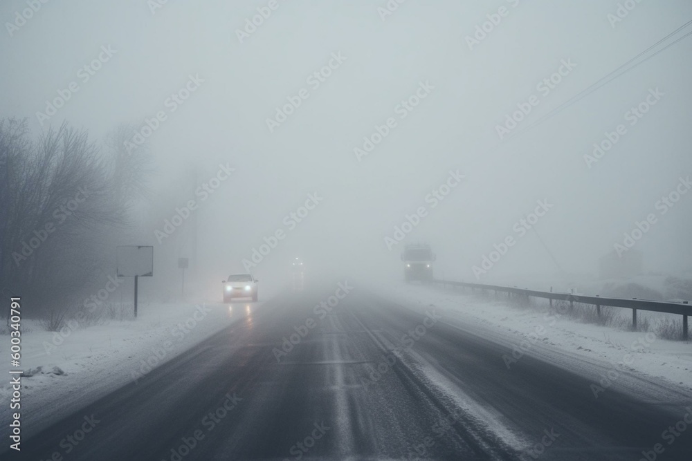 Blurred winter road amidst heavy snow, fog and poor visibility. Generative AI