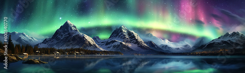 panorama with the northern lights in the night starry sky against the background of mountains and lakes. Generative AI illustration