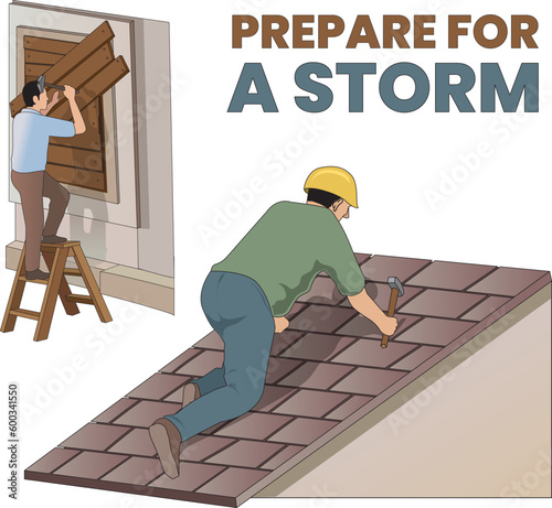 illustration of man Preparing his House for Hurricane