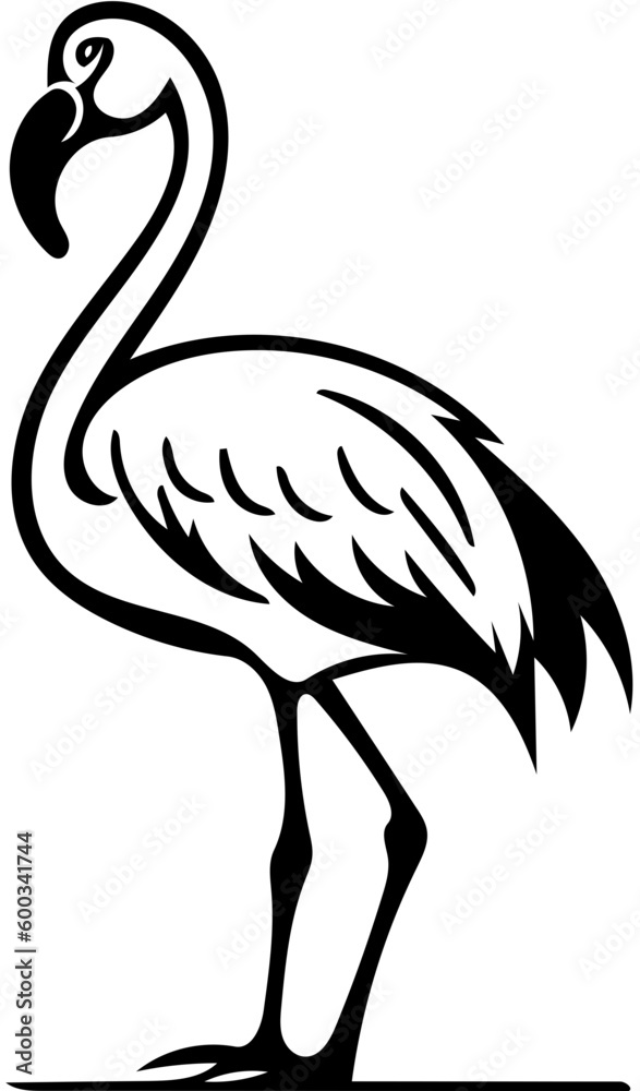 Fototapeta premium Black and white illustration of a flamingo in black, silhouette drawing 