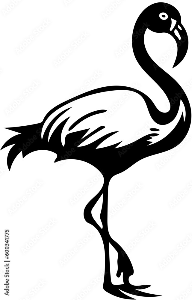 Black and white illustration of a flamingo in black, silhouette drawing 