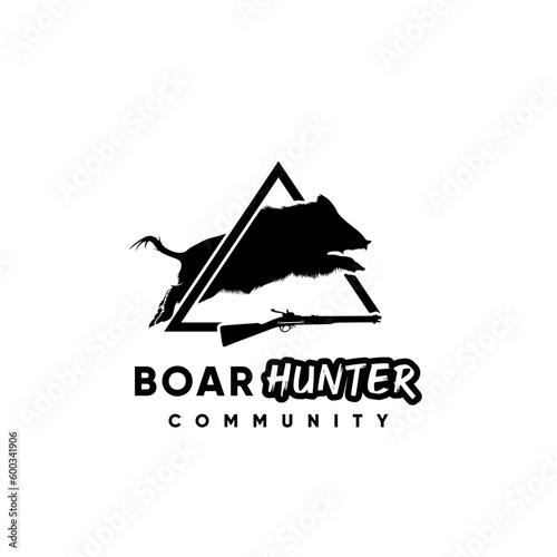 Boar Hog Pig And Rifle For The Jungle Hunter Logo. Pig Hunt Logo Design Inspiration Vector