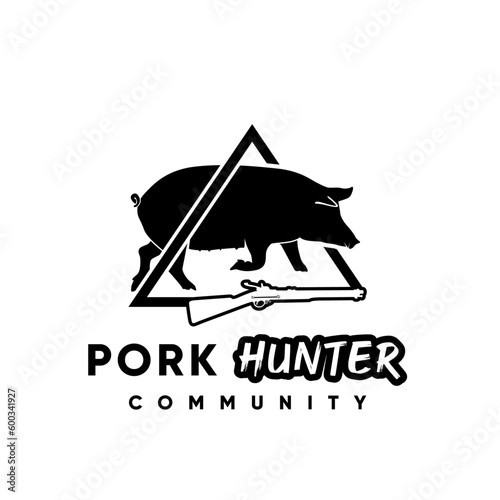 Boar Hog Pig And Rifle For The Jungle Hunter Logo. Pig Hunt Logo Design Inspiration Vector