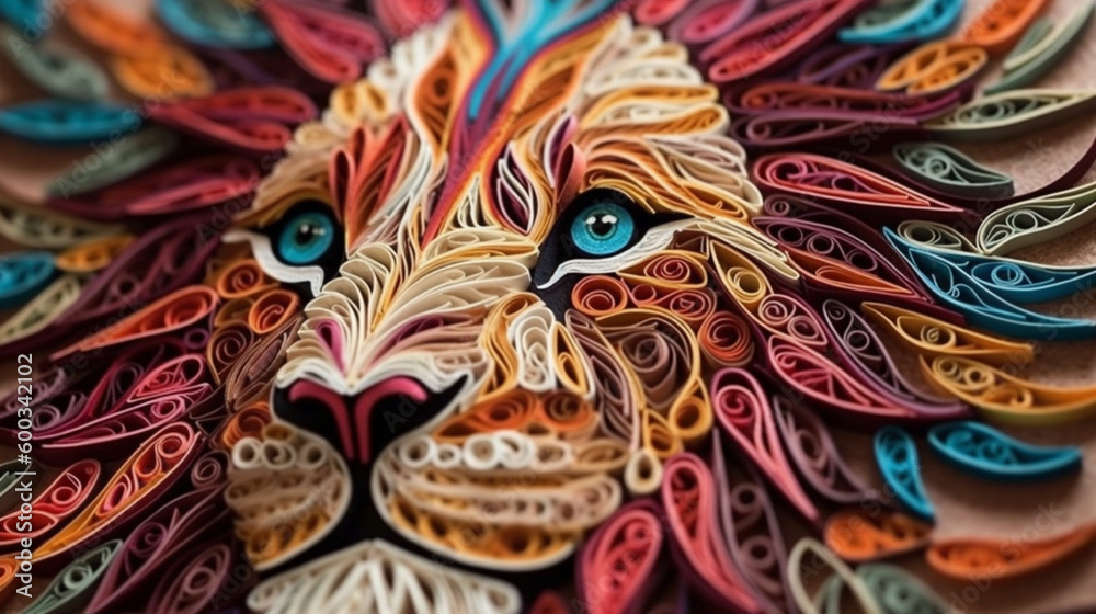 lion multi-dimensional origami quilling style illustration, Generative AI