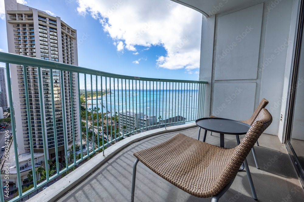 View of Waikiki Beach and Skyline from Hotel Room Balcony