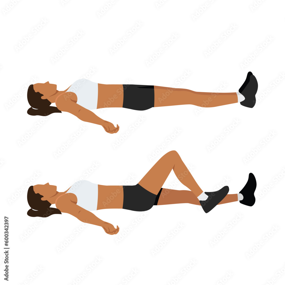 Woman doing Laying heel slides or knee bends exercise. Flat vector illustration isolated on white background