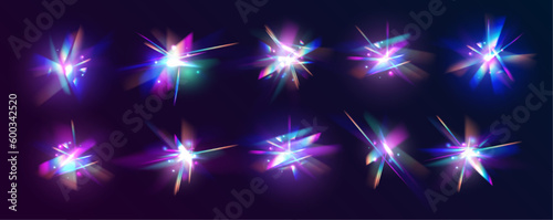 Abstract refraction glow effect on black background. Set Rainbow crystal light leak flare reflection effect. Transparent refraction elements.