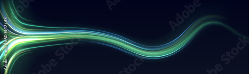 Acceleration speed motion on night road. Bright sparkling background. Panoramic high speed technology concept, light abstract background. Vector illustration.	