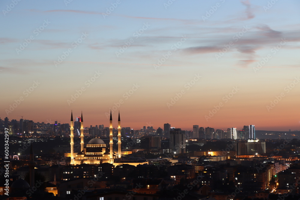View of Kocatepe Mosque at night in Ankara, Turkey.