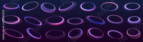 Set of neon blurry light circles at motion . Vector swirl trail effect.  Abstract vector fire circles, sparkling swirls and energy light spiral frames.