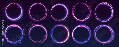 Set of neon blurry light circles at motion . Vector swirl trail effect.  Abstract vector fire circles, sparkling swirls and energy light spiral frames.