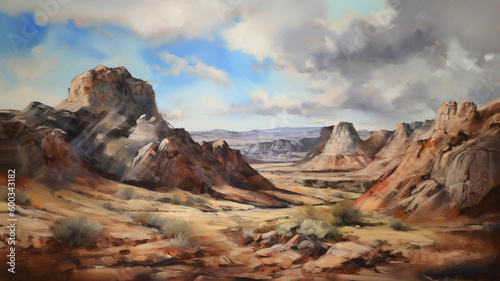 A vast and sweeping landscape of a desert, with red rock formations in the background, a dusty and rugged landscape in the foreground, and a deep blue sky with wispy clouds overhead. generative ai.