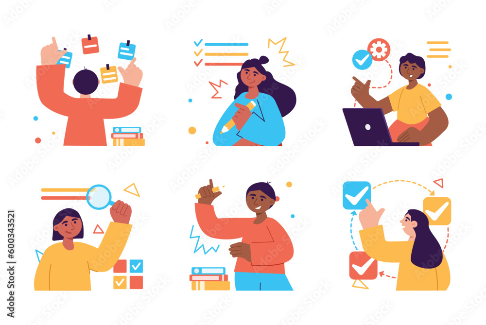 Business planner set color concept with people scene in the flat cartoon design. Employees make a lists of plans and further business tasks. Vector illustration.