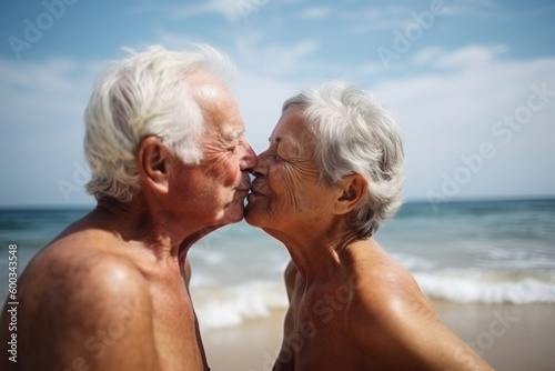 Old couple on the beach. Created with generative Ai technology.
