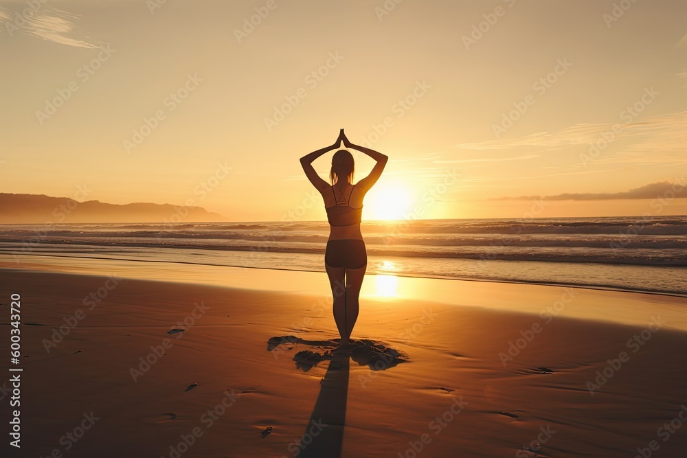 Girl in sportswear doing yoga on the ocean beach at sunset. Generative AI
