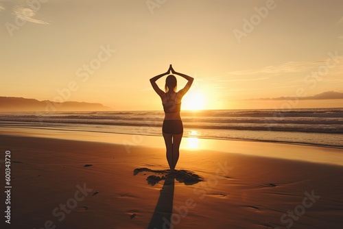 Girl in sportswear doing yoga on the ocean beach at sunset. Generative AI