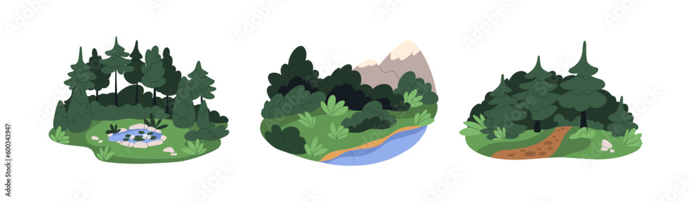 Summer nature landscapes. Forest, green grass, water, pond with lily, pine and fir trees, woods and pathway, shrubs. Peaceful serene sceneries. Flat vector illustrations isolated on white background - obrazy, fototapety, plakaty 