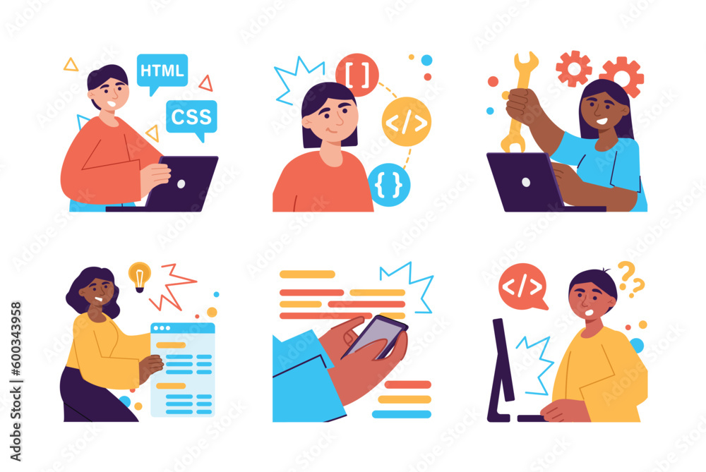 Web development set color concept with people scene in the flat cartoon style. Team of programmers work on creating Internet sites. Vector illustration. Web development set color concept with people scene in the flat cartoon style. Team of programmers work on creating Internet sites. Vector illustration.
