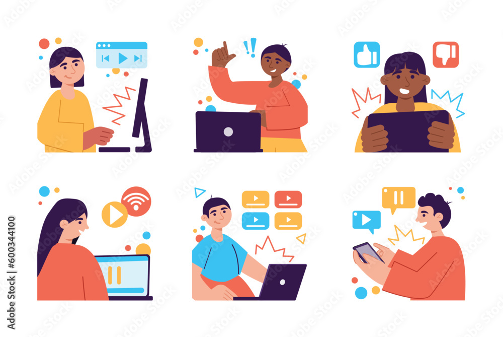 Set color concept Video watch with people scene in the flat cartoon design. Young people watch interesting and funny videos on the internet. Vector illustration.
