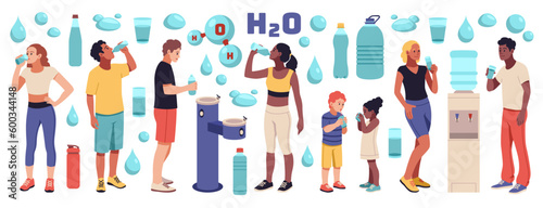 Drinking water. Happy cute people holding bottles and glasses with clean water, body hydration process, boy and girl near cooler. Healthy lifestyle. Cartoon flat isolated tidy vector set